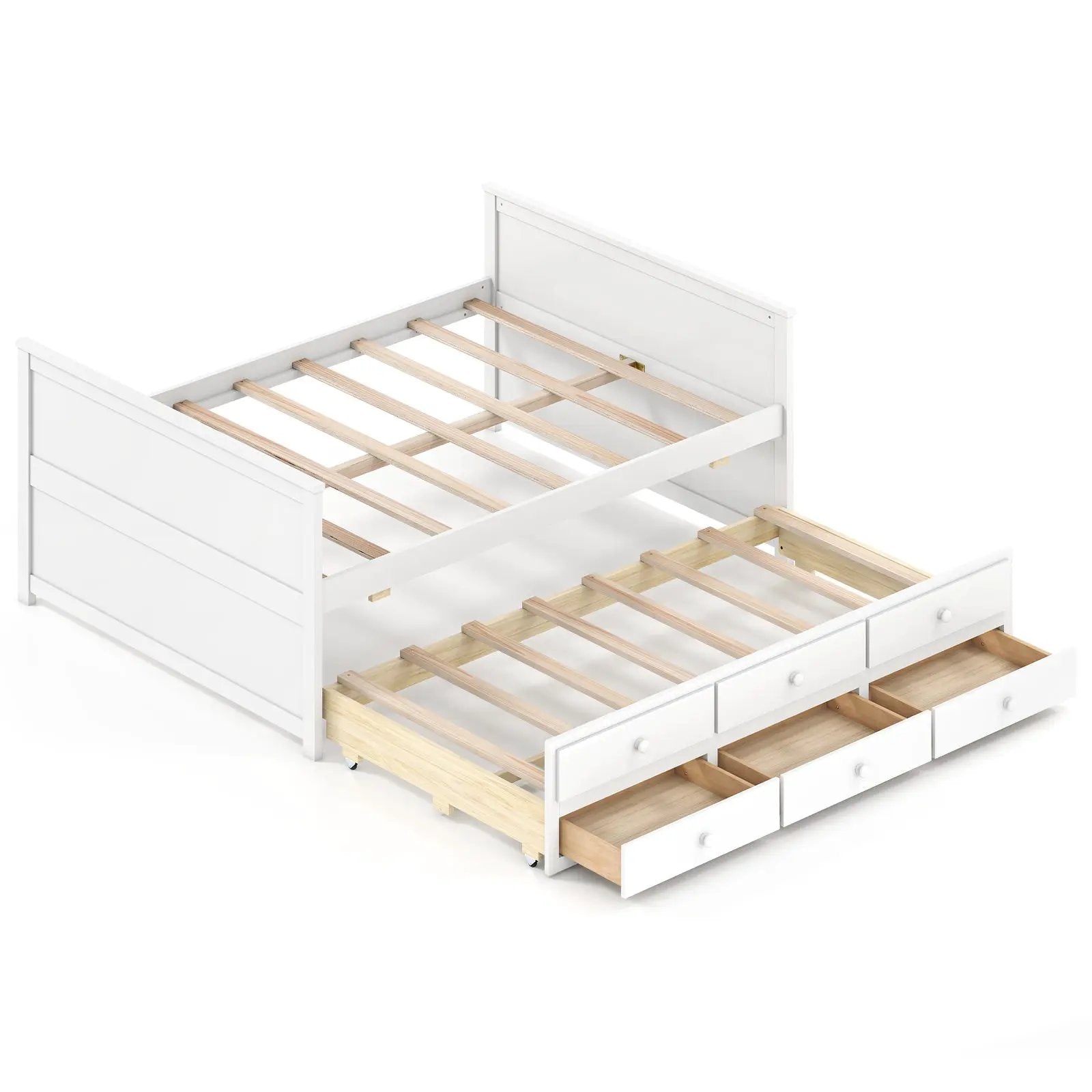Full Size Bed Frame with Twin Trundle and 3 Storage Drawers for Teens Adults-White by DirectDeals