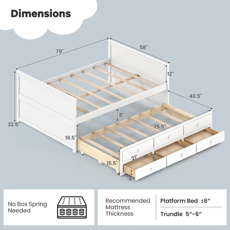 Full Size Bed Frame with Twin Trundle and 3 Storage Drawers for Teens Adults-White by DirectDeals