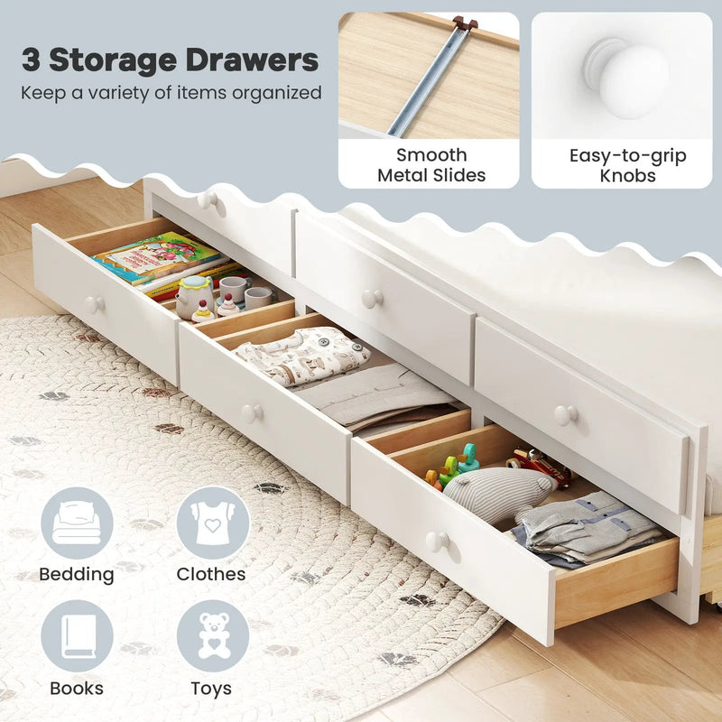Full Size Bed Frame with Twin Trundle and 3 Storage Drawers for Teens Adults-White by DirectDeals