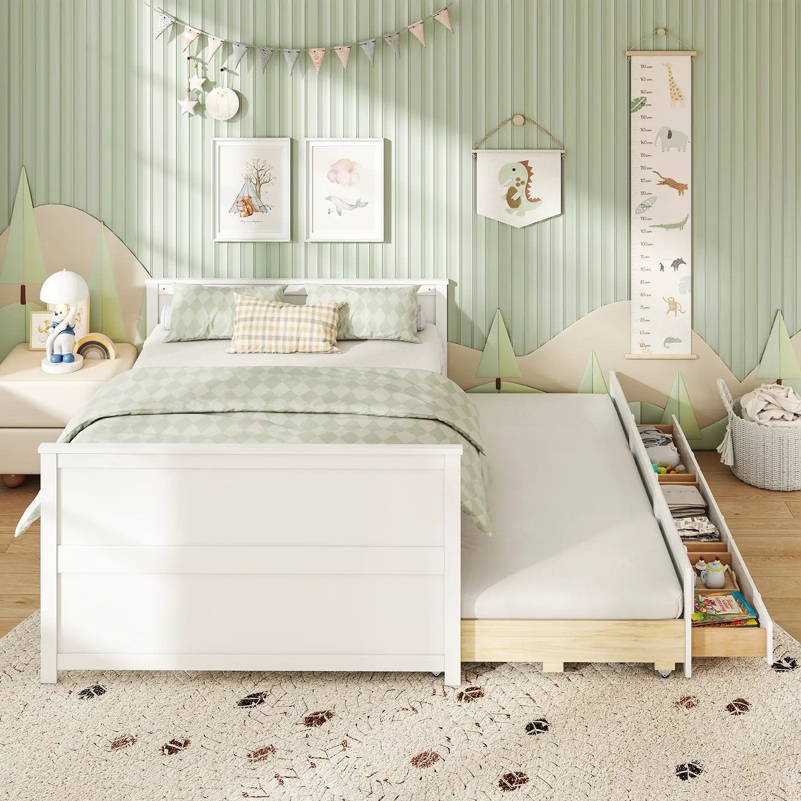 Full Size Bed Frame with Twin Trundle and 3 Storage Drawers for Teens Adults-White by DirectDeals