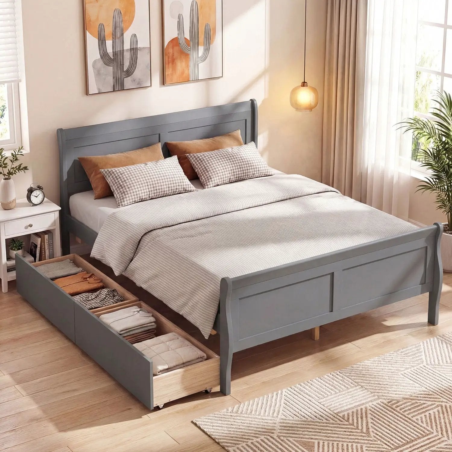 Full Size Bed Frame with 2 Storage Drawers and Footboard for Kids Teens Adults by DirectDeals