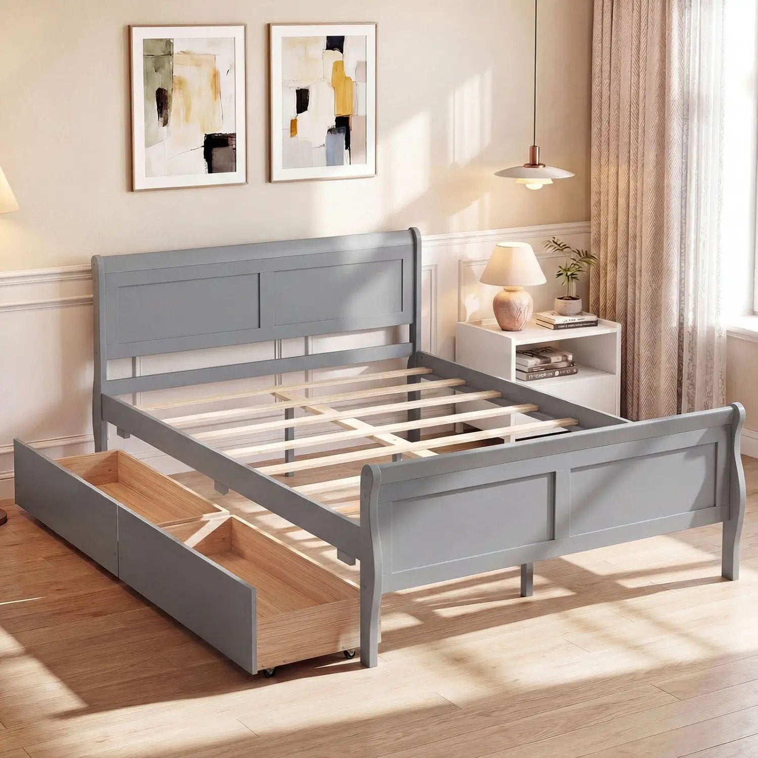Full Size Bed Frame with 2 Storage Drawers and Footboard for Kids Teens Adults by DirectDeals