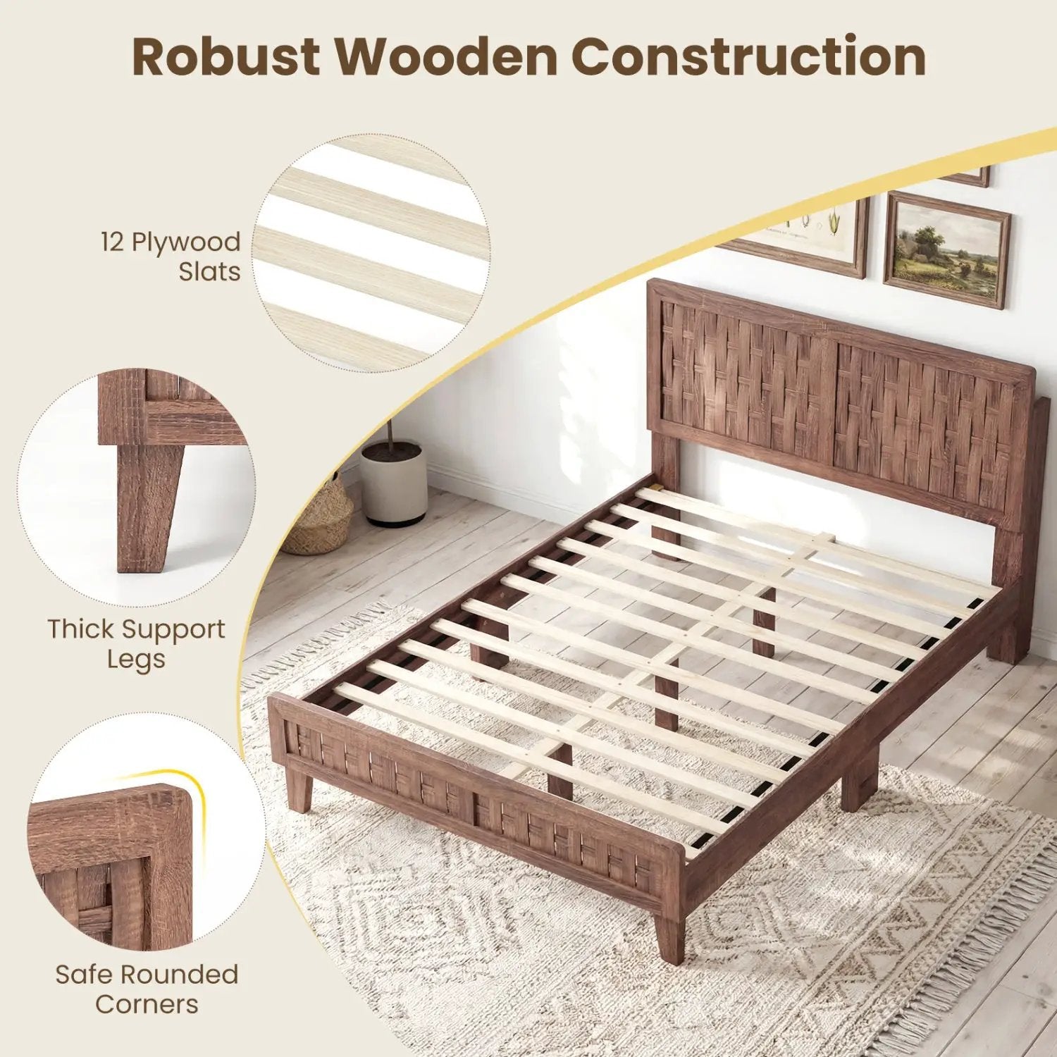 Twin Size Bed Frame Mid Century with Woven Accent Headboard by DirectDeals