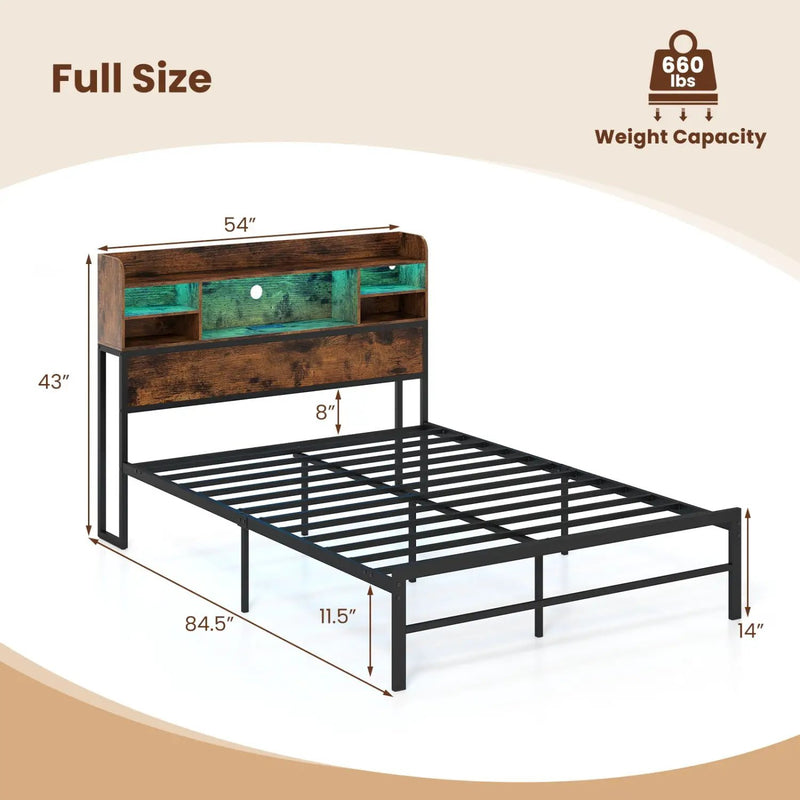 Full Size Bed Frame with Headboard LED Lights and Charging Station by DirectDeals