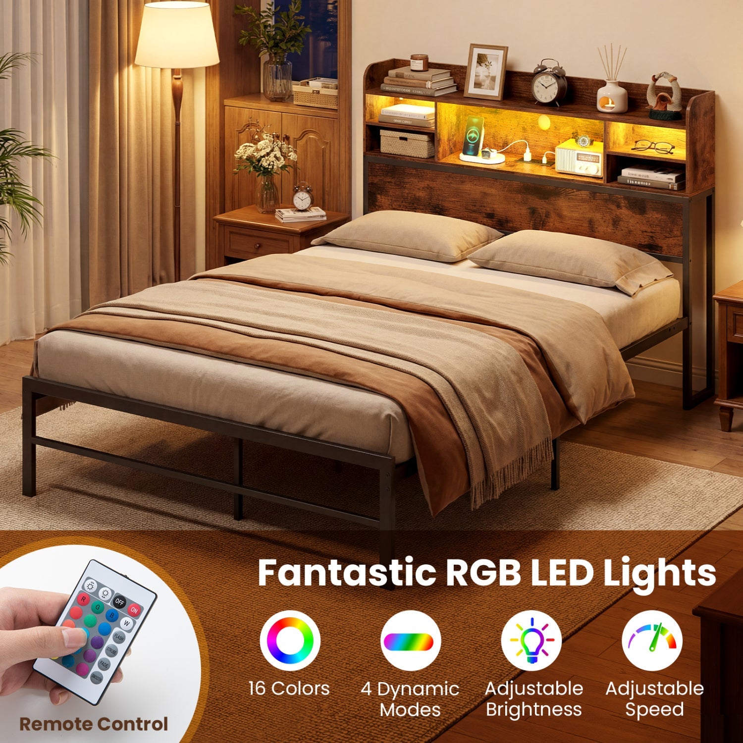 Full Size Bed Frame with Headboard LED Lights and Charging Station by DirectDeals
