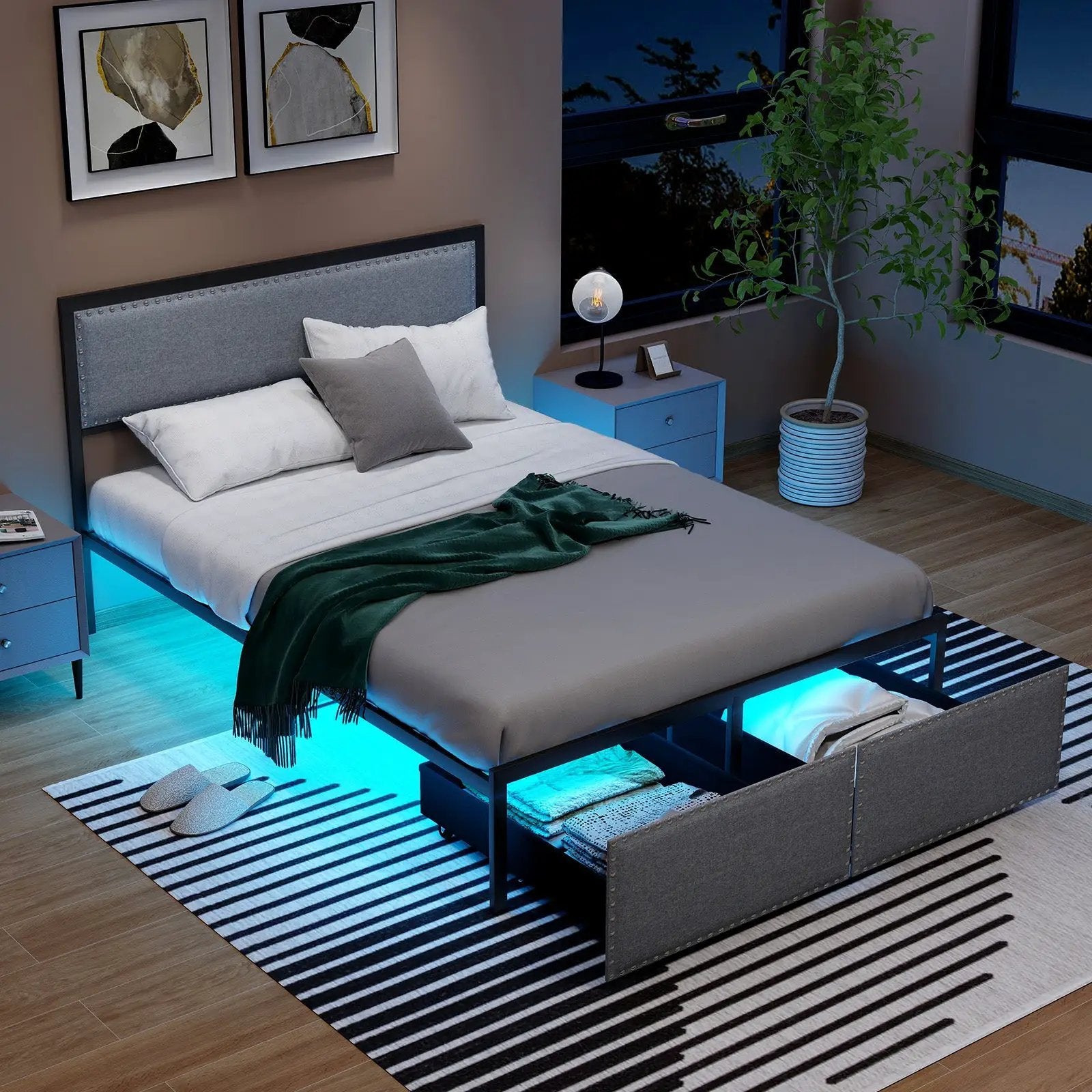 Full/Queen/Twin Size Bed Frame with LED Lights Drawer and Metal Slats by DirectDeals