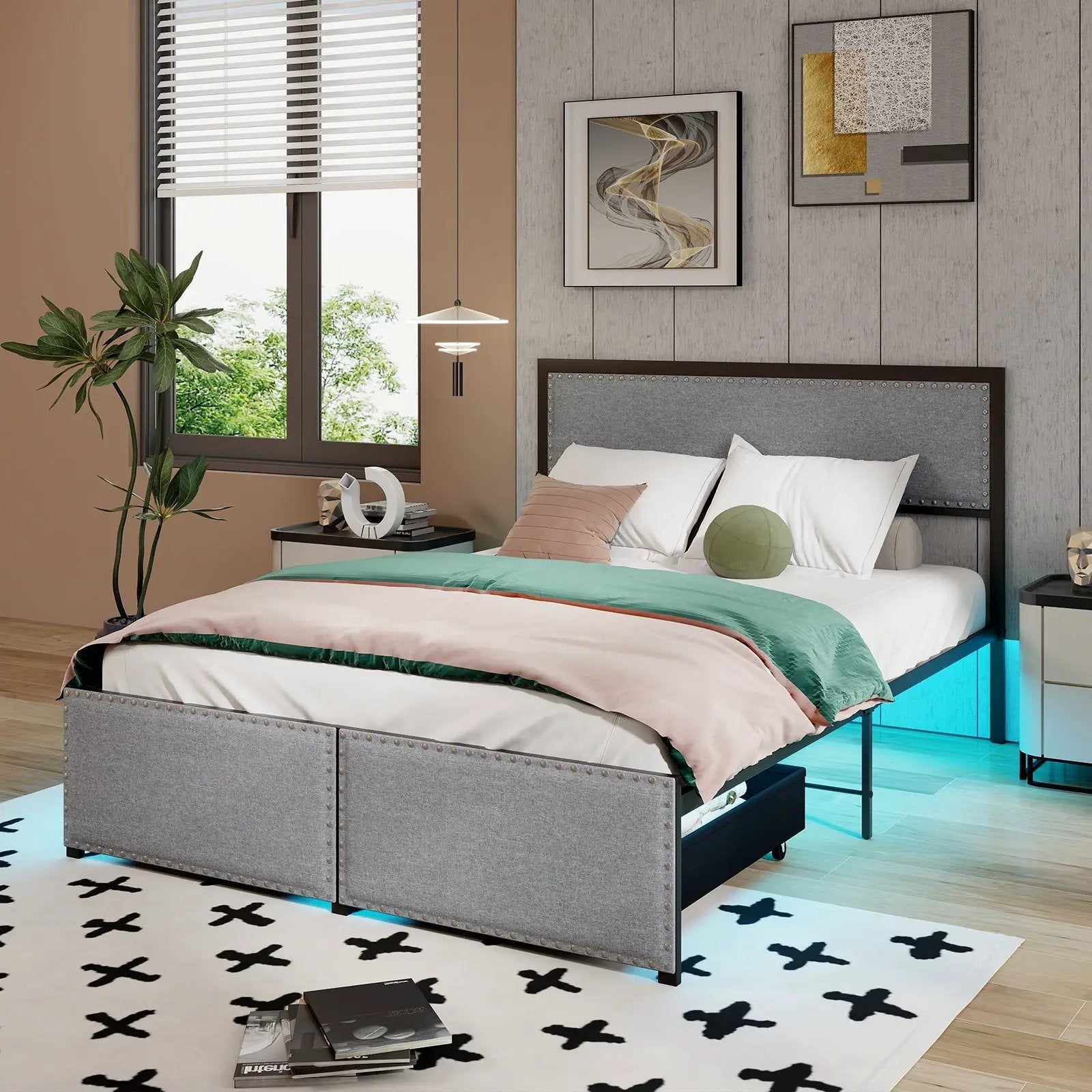 Full/Queen/Twin Size Bed Frame with LED Lights Drawer and Metal Slats by DirectDeals