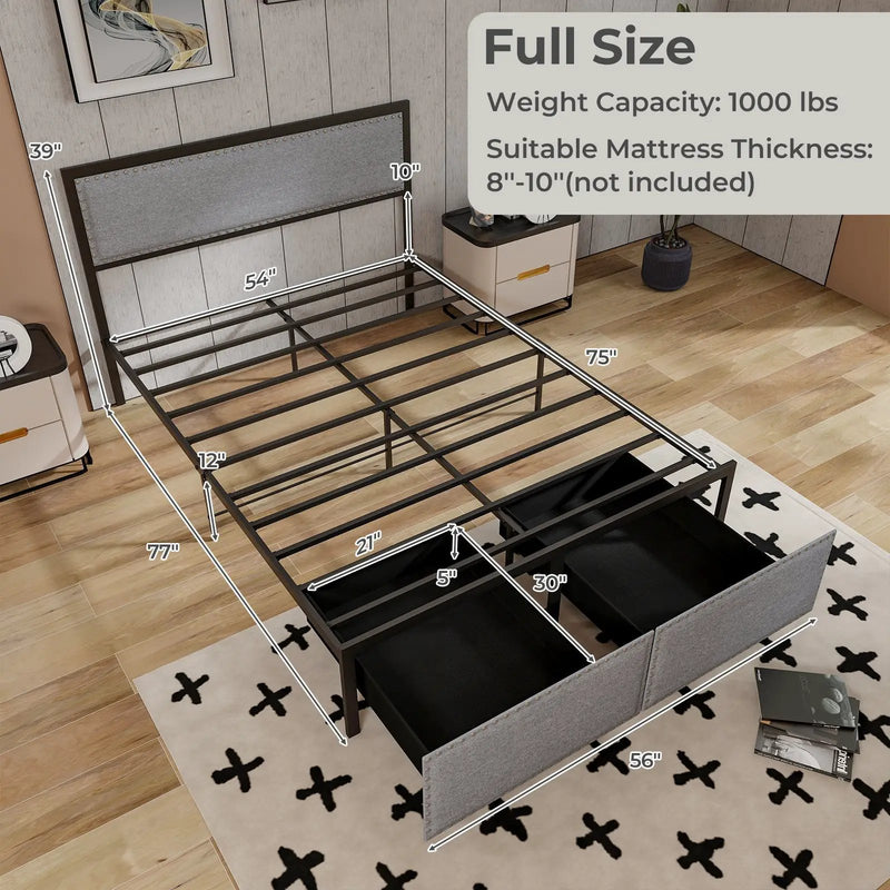 Full/Queen/Twin Size Bed Frame with LED Lights Drawer and Metal Slats by DirectDeals