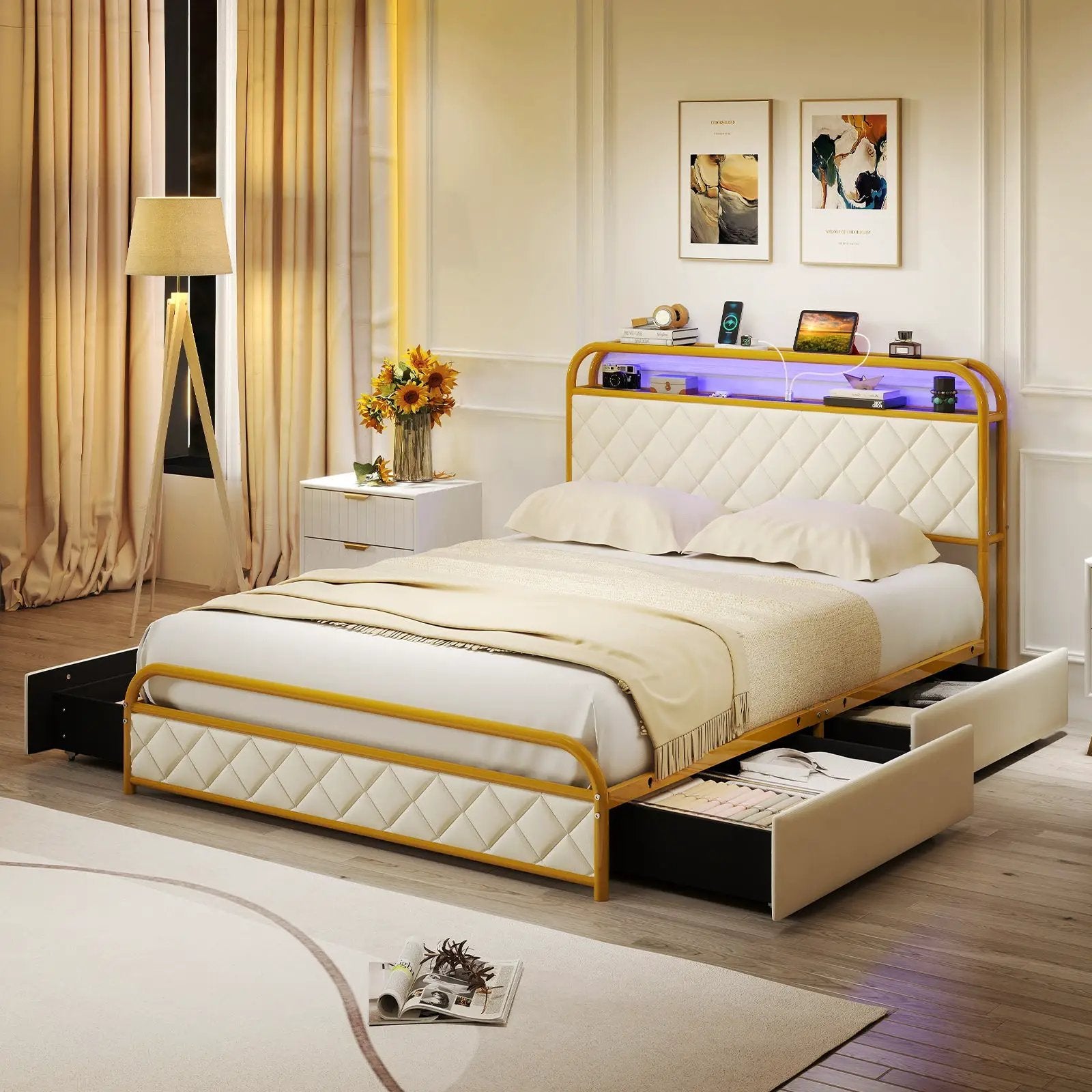 Twin/Full/Queen Size Bed Frame with LED Lights and Charging Station Gold by DirectDeals
