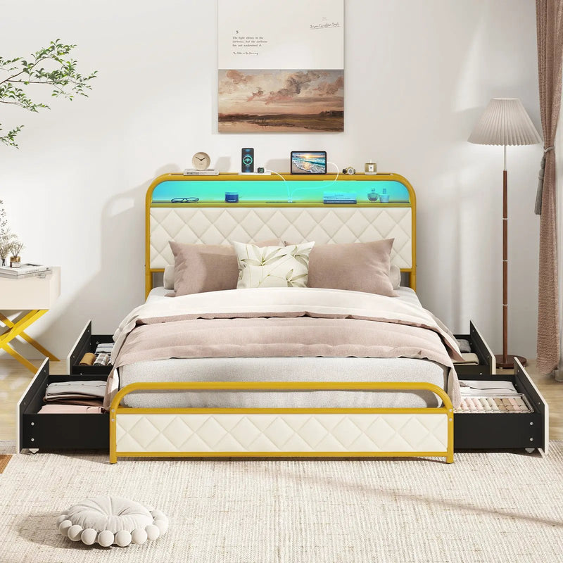Twin/Full/Queen Size Bed Frame with LED Lights and Charging Station Gold by DirectDeals