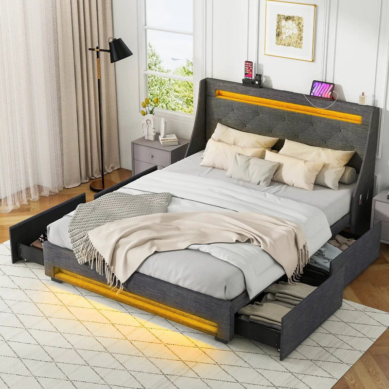 Full Size Bed Frame with LED Lights Wingback Headboard and Charging Station-Grey by DirectDeals