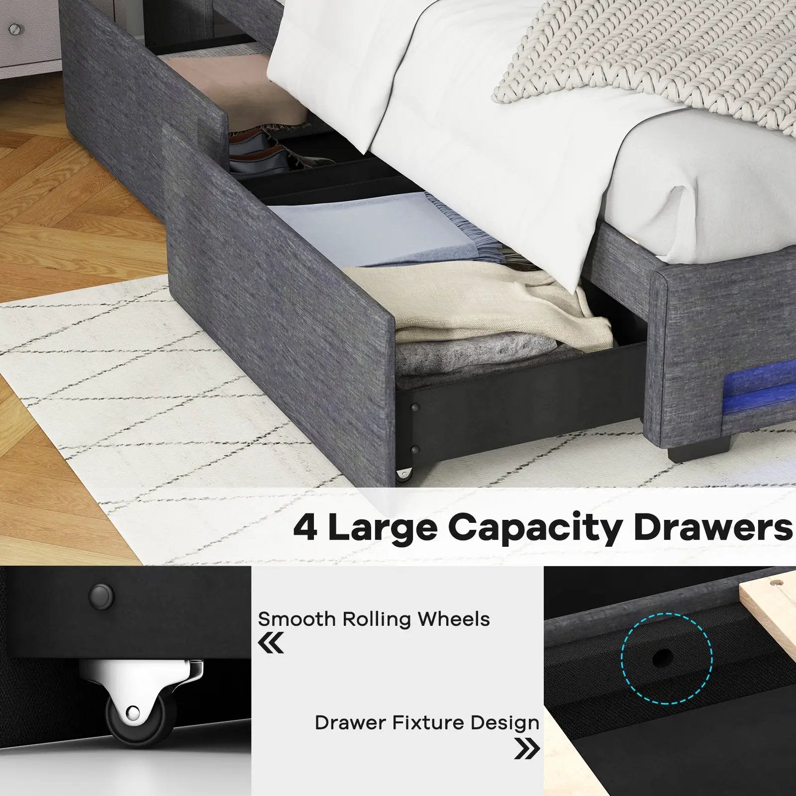 Full Size Bed Frame with LED Lights Wingback Headboard and Charging Station-Grey by DirectDeals
