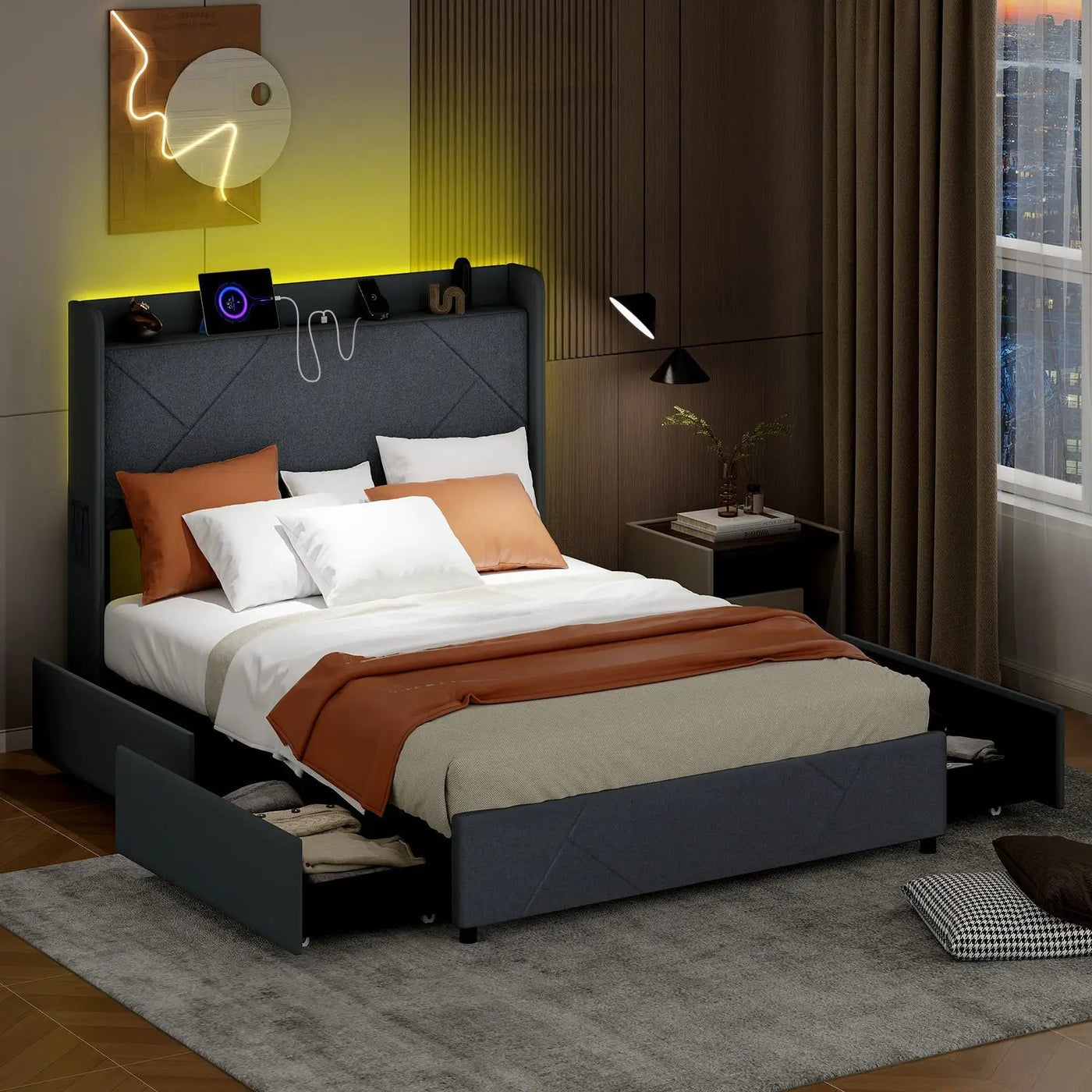 Full/Queen Size Bed Frame with LED Lights and Charging Station by DirectDeals