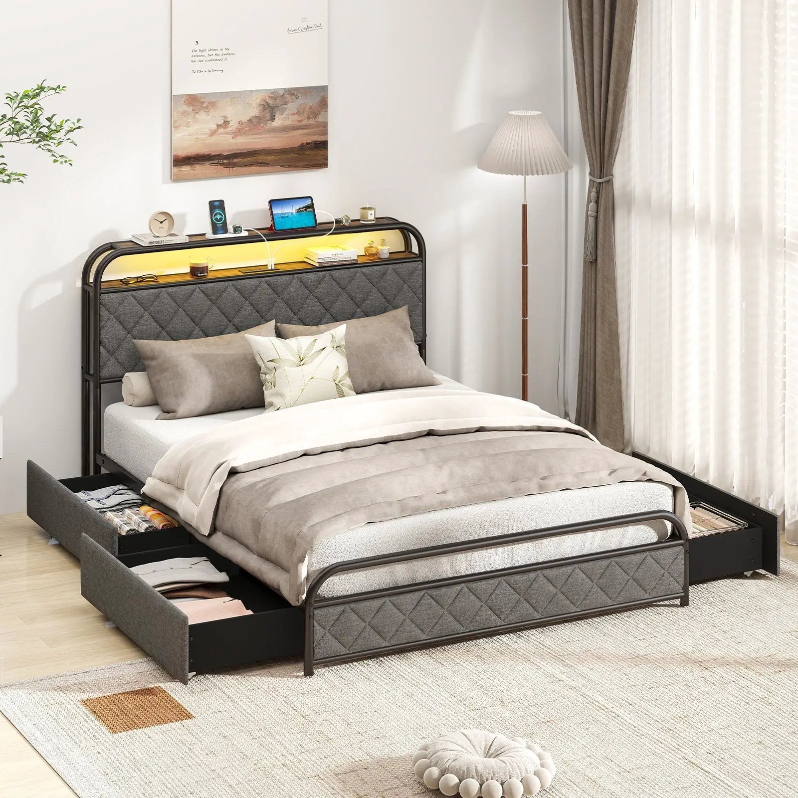 Twin/Full/Queen Size Bed Frame with LED Lights and Charging Station by DirectDeals