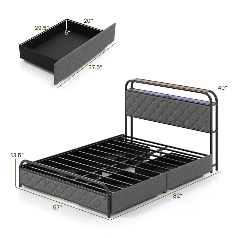 Twin/Full/Queen Size Bed Frame with LED Lights and Charging Station by DirectDeals