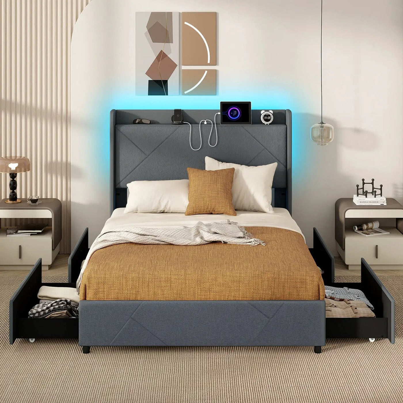 Full/Queen Size Bed Frame with LED Lights and Charging Station by DirectDeals
