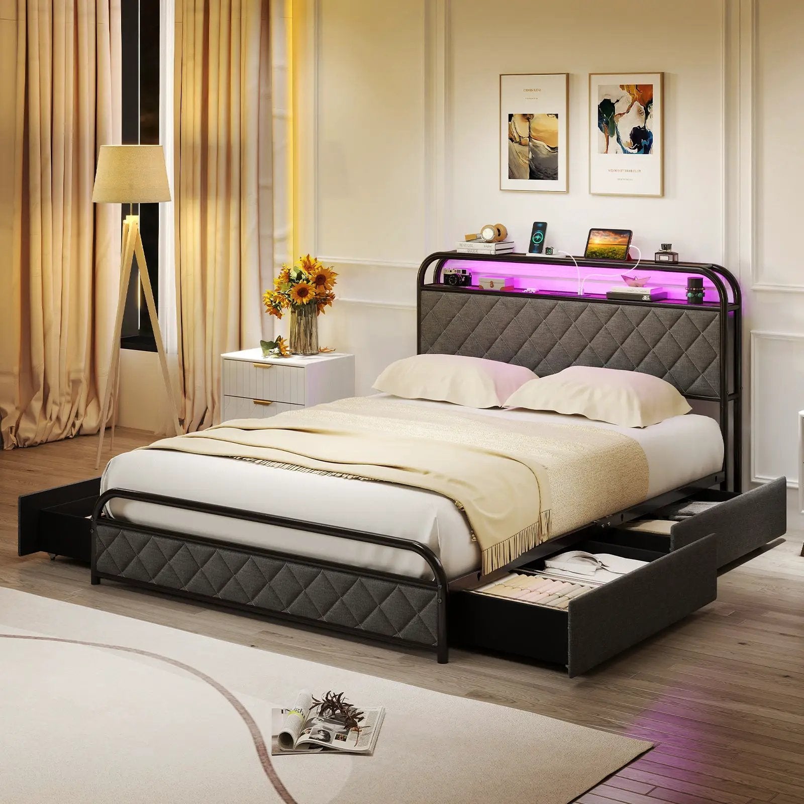Twin/Full/Queen Size Bed Frame with LED Lights and Charging Station by DirectDeals