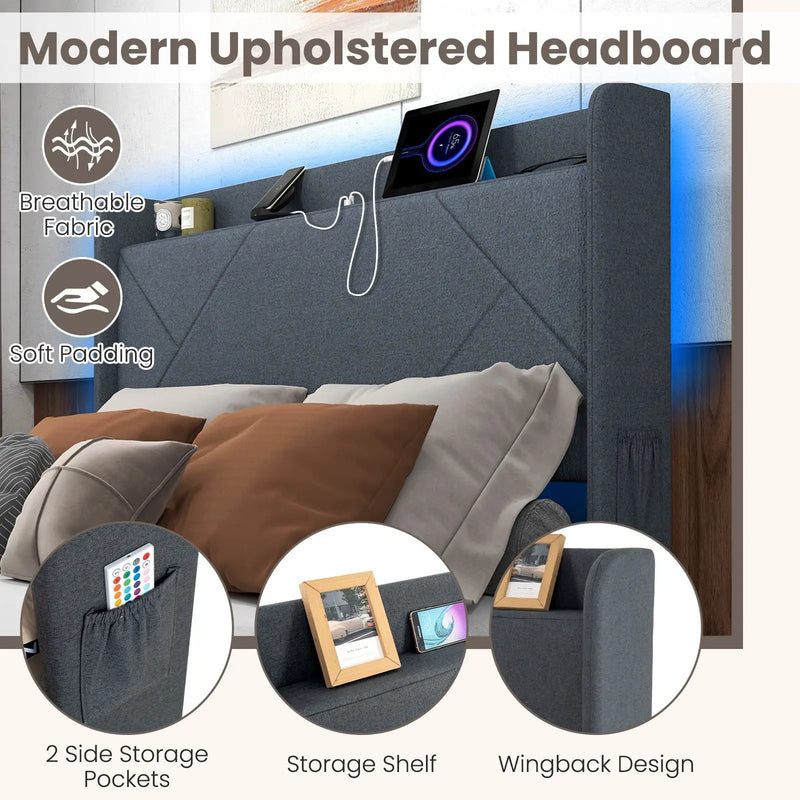 Full/Queen Size Bed Frame with LED Lights and Charging Station by DirectDeals