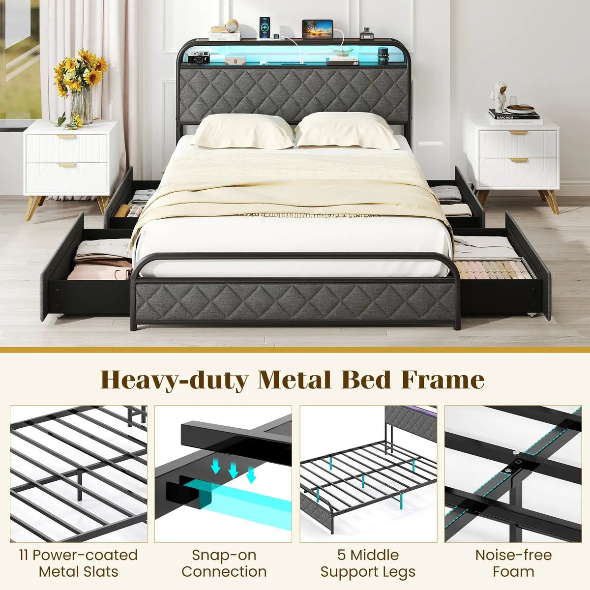 Twin/Full/Queen Size Bed Frame with LED Lights and Charging Station by DirectDeals