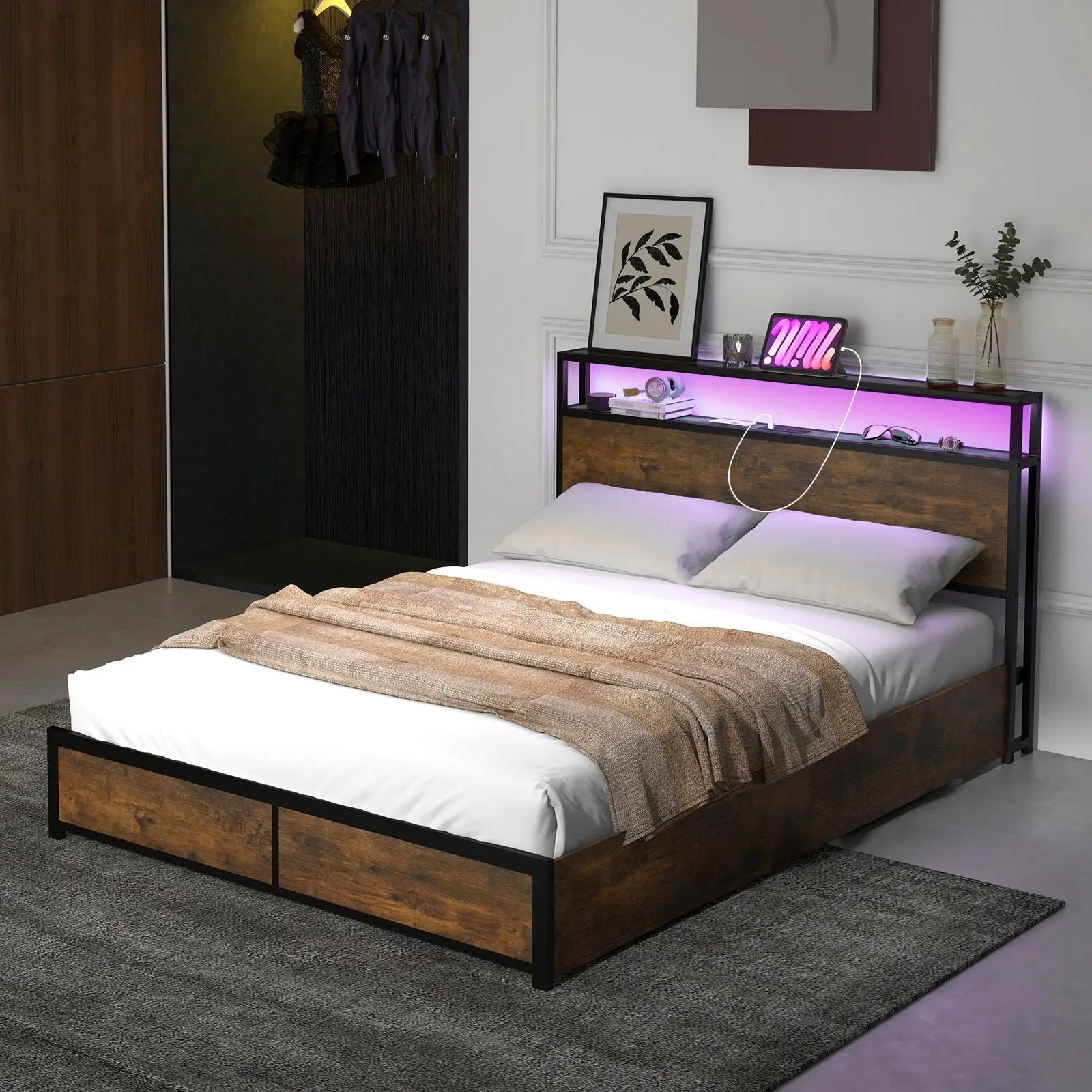 Full/Queen Size Bed Frame with Smart LED Lights and Storage Drawers by DirectDeals