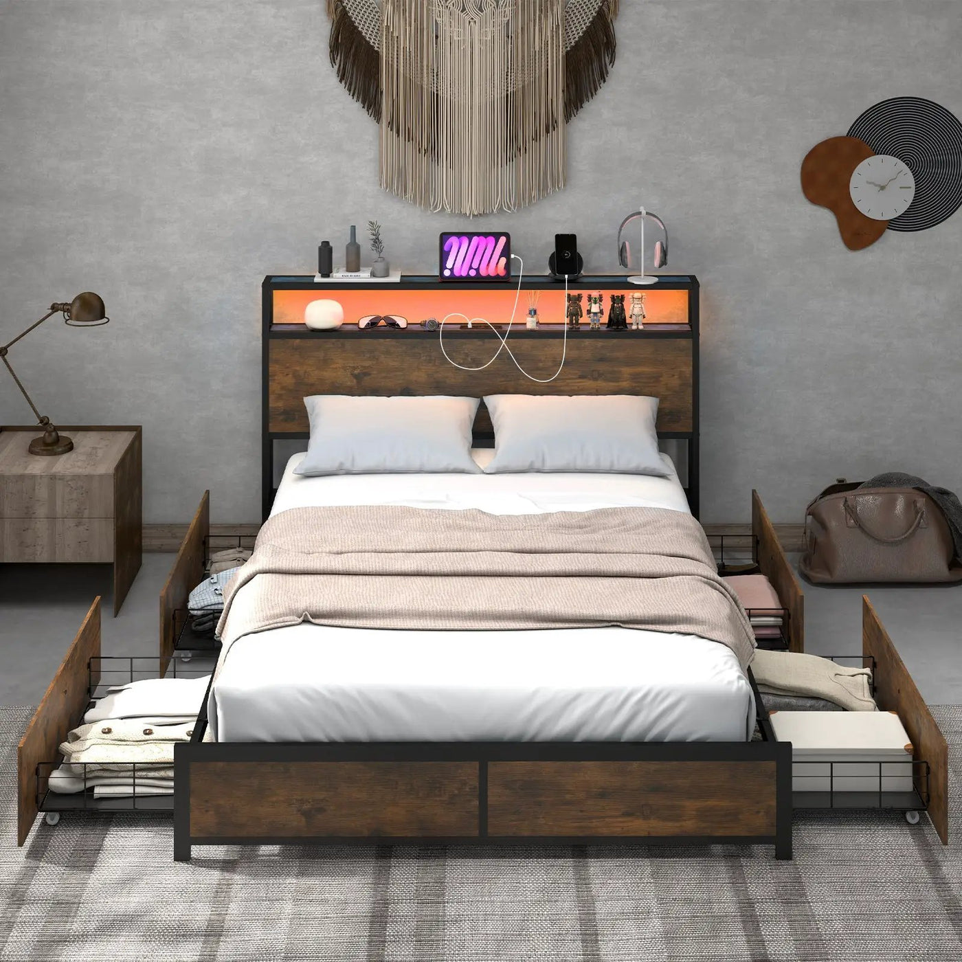 Full/Queen Size Bed Frame with Smart LED Lights and Storage Drawers by DirectDeals
