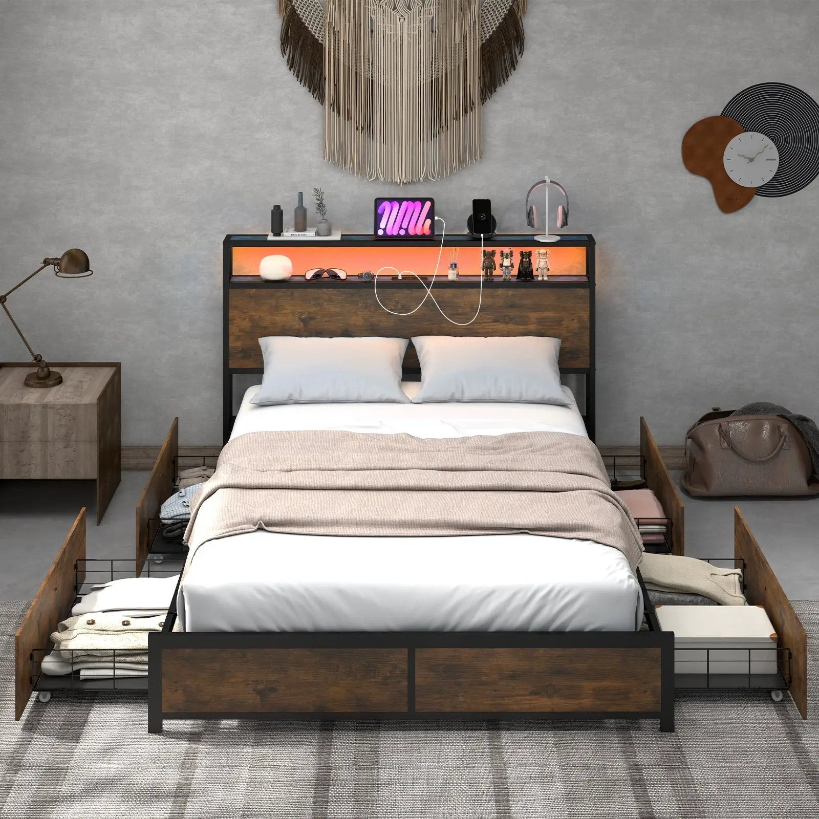 Full/Queen Size Bed Frame with Smart LED Lights and Storage Drawers by DirectDeals
