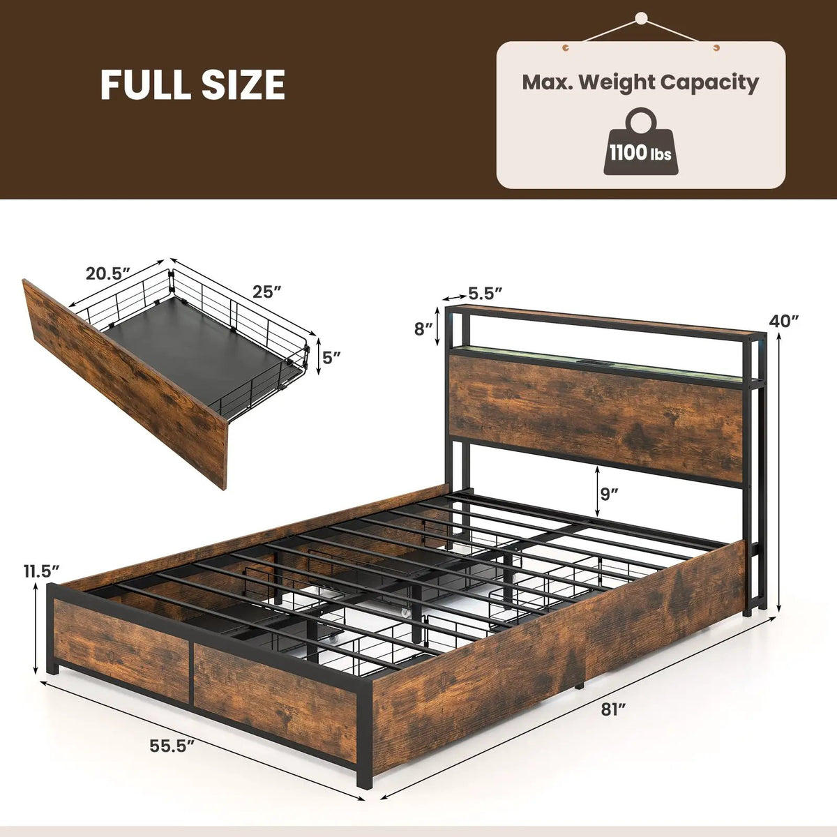 Full/Queen Size Bed Frame with Smart LED Lights and Storage Drawers by DirectDeals