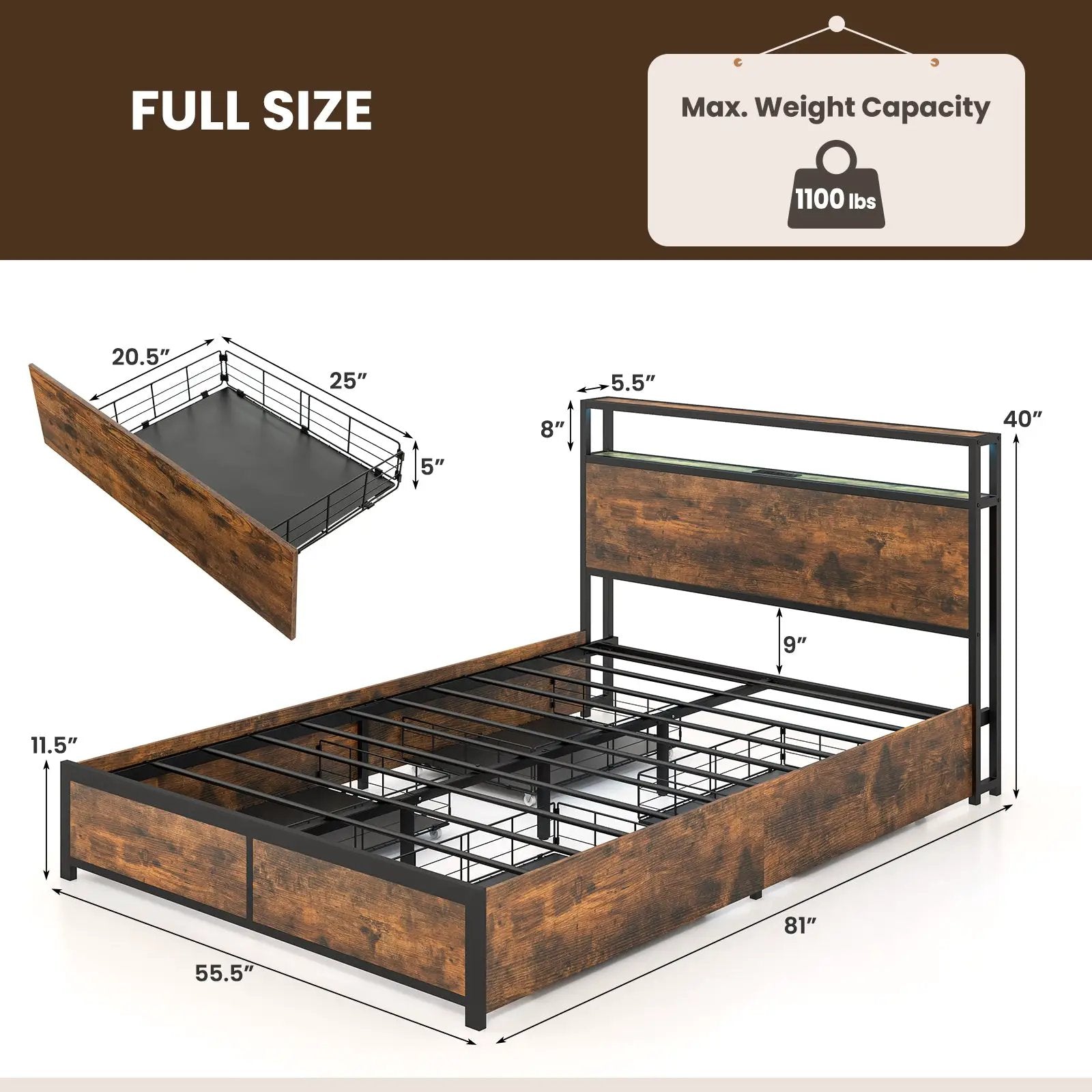 Full/Queen Size Bed Frame with Smart LED Lights and Storage Drawers by DirectDeals