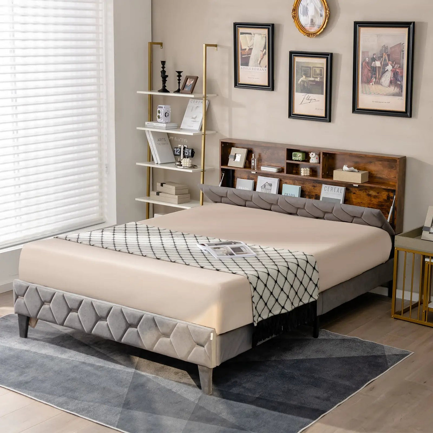 Full/Queen Size Upholstered Bed Frame with Storage Headboard by DirectDeals