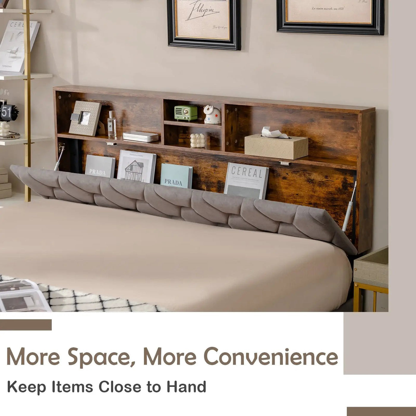 Full/Queen Size Upholstered Bed Frame with Storage Headboard by DirectDeals