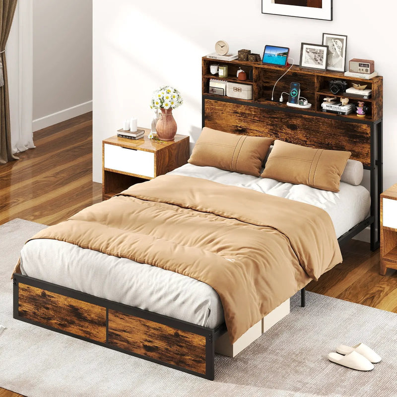 Twin/Full/Queen/King Size Bed Frame with Storage Headboard Industrial Metal Platform Bed by DirectDeals