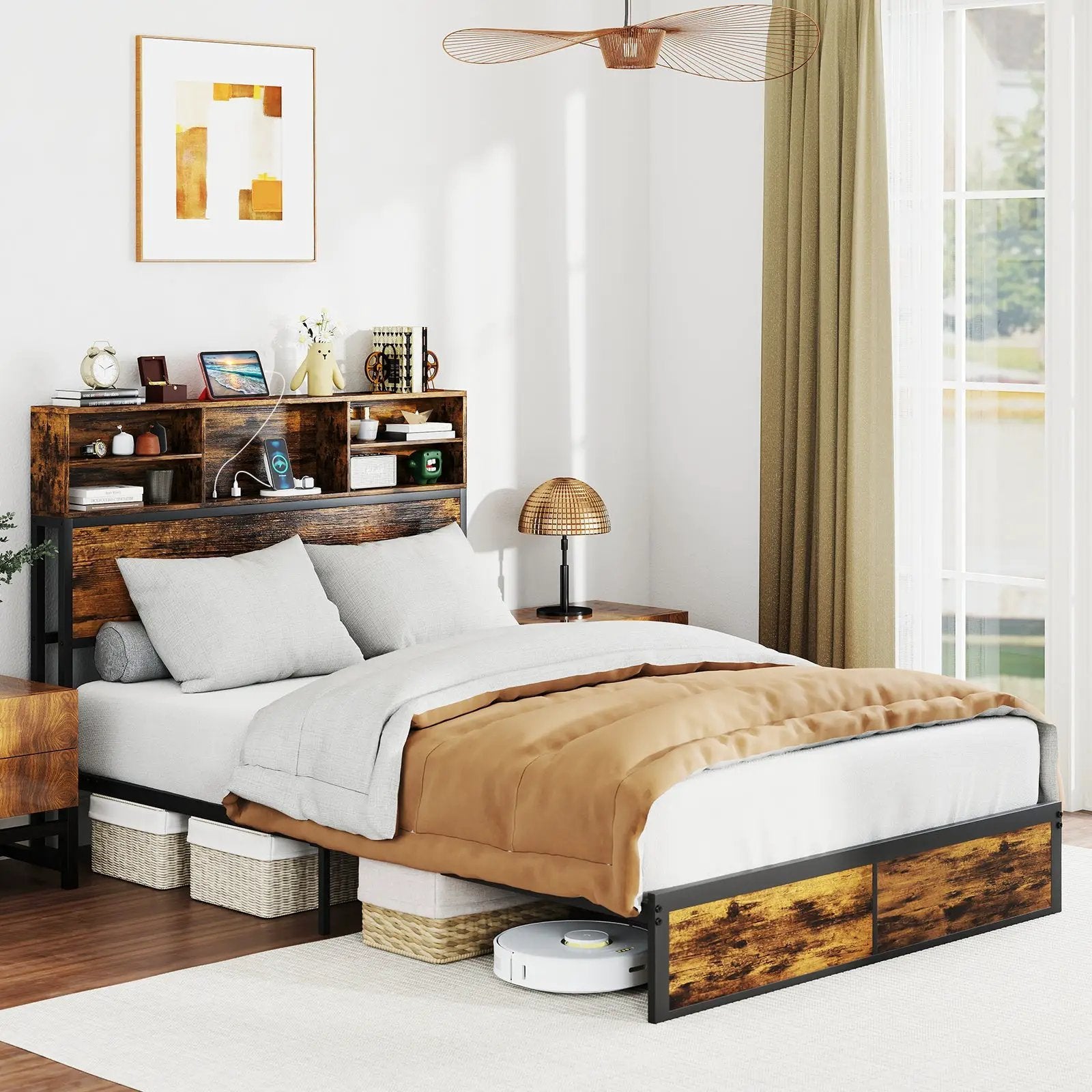 Twin/Full/Queen/King Size Bed Frame with Storage Headboard Industrial Metal Platform Bed by DirectDeals
