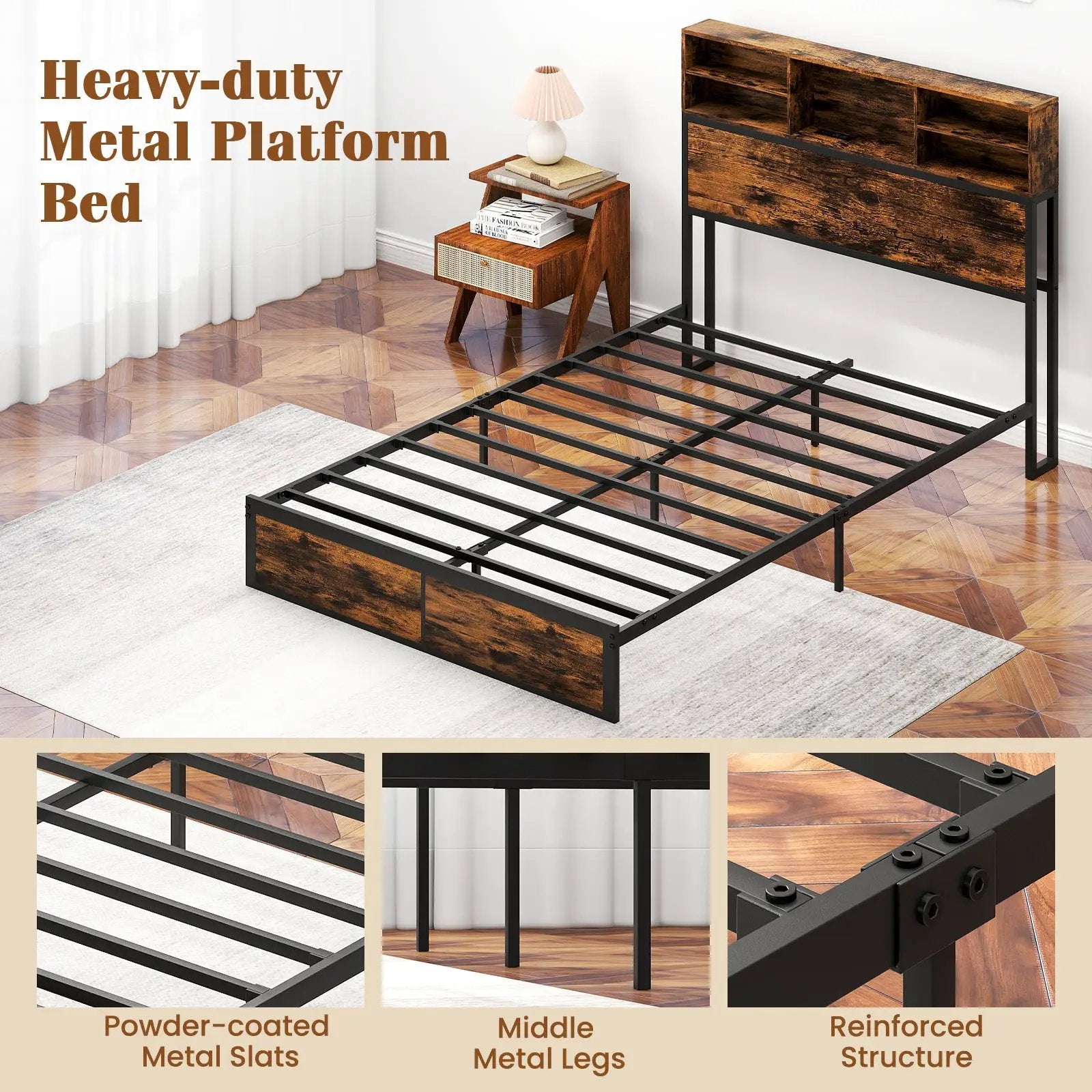 Twin/Full/Queen/King Size Bed Frame with Storage Headboard Industrial Metal Platform Bed by DirectDeals