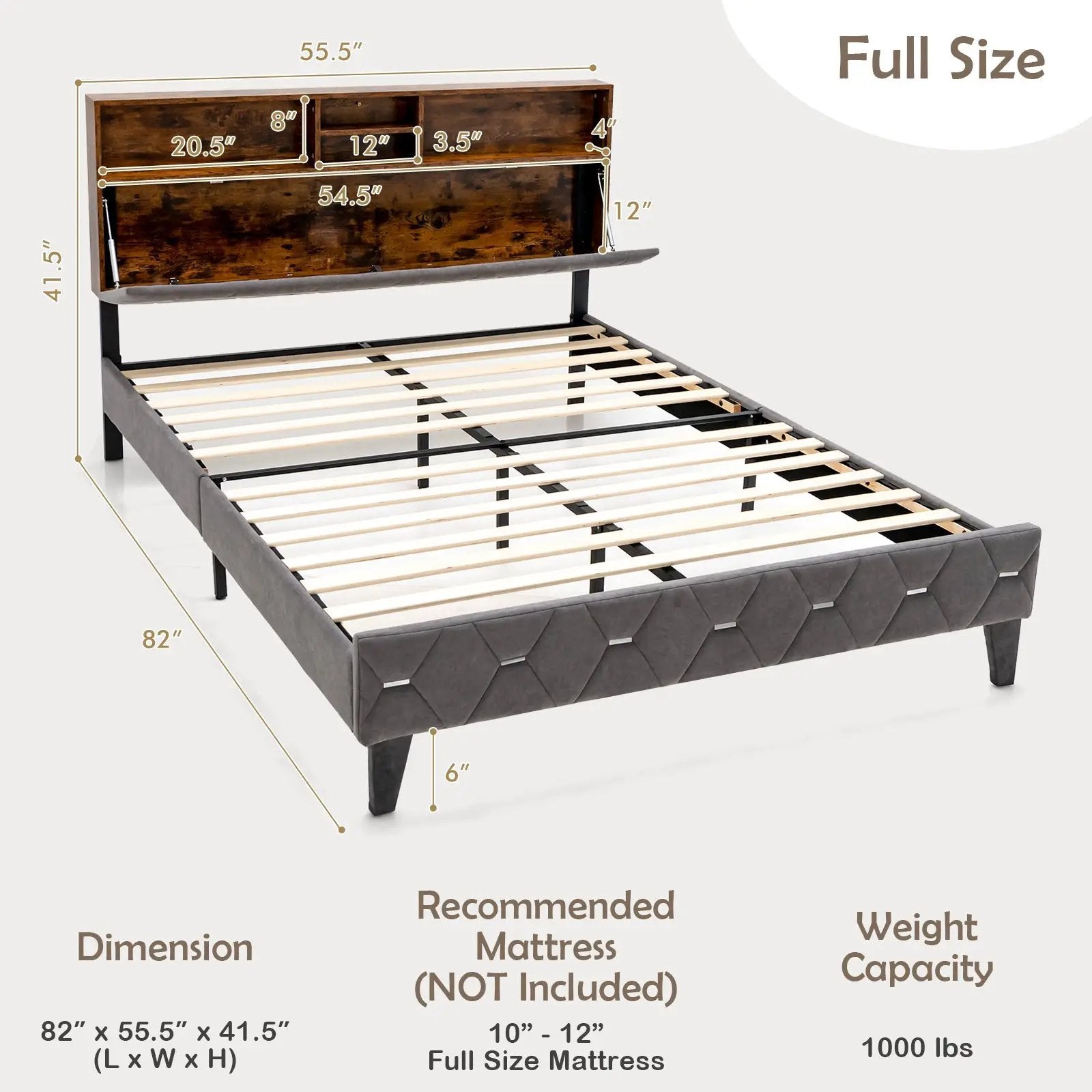 Full/Queen Size Upholstered Bed Frame with Storage Headboard by DirectDeals