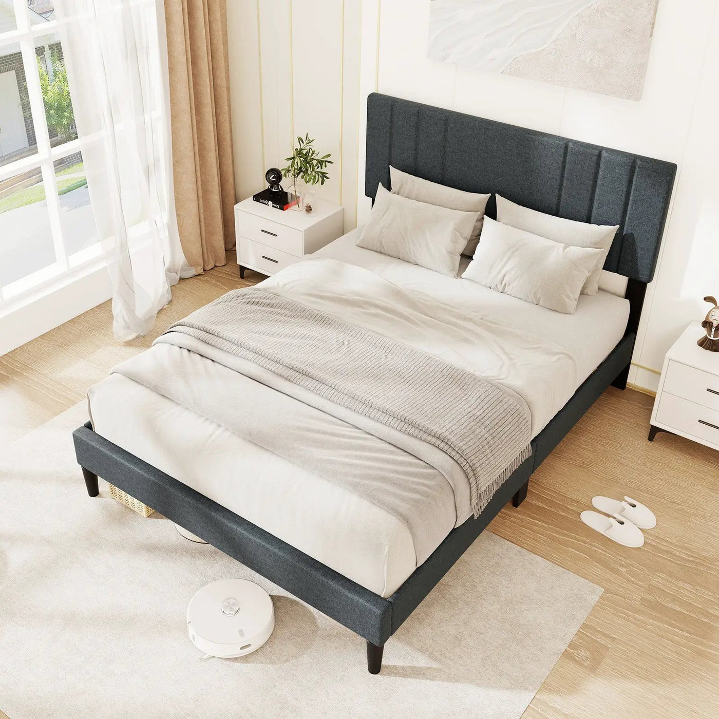 Full/Queen/Twin Size Bed Frame with Vertical Channel Tufted Headboard and Wooden Slats by DirectDeals