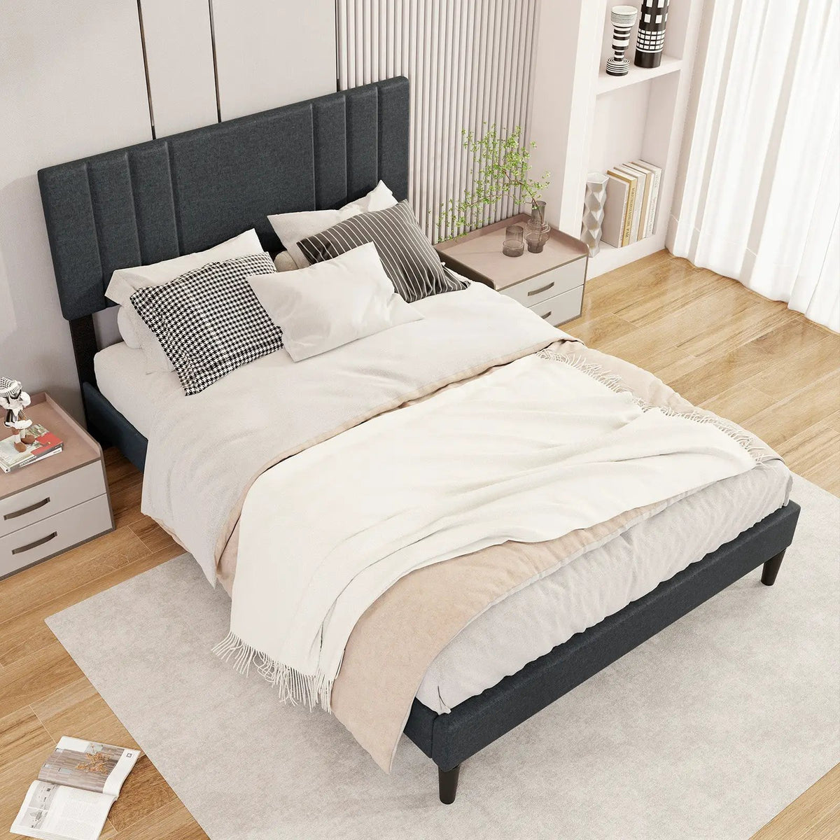 Full/Queen/Twin Size Bed Frame with Vertical Channel Tufted Headboard and Wooden Slats by DirectDeals