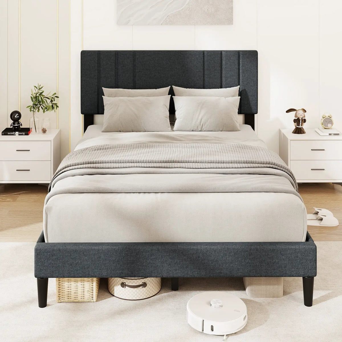 Full/Queen/Twin Size Bed Frame with Vertical Channel Tufted Headboard and Wooden Slats by DirectDeals
