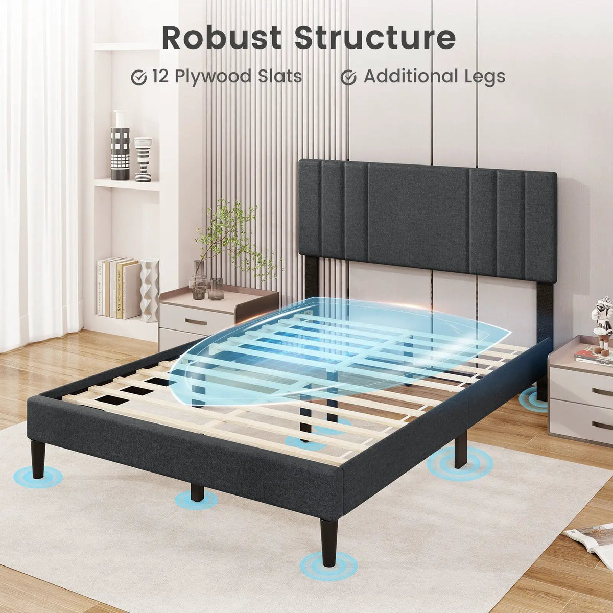 Full/Queen/Twin Size Bed Frame with Vertical Channel Tufted Headboard and Wooden Slats by DirectDeals