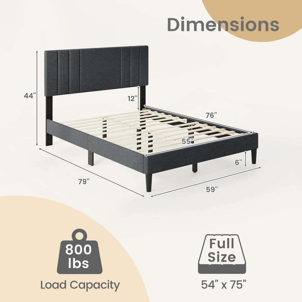 Full/Queen/Twin Size Bed Frame with Vertical Channel Tufted Headboard and Wooden Slats by DirectDeals