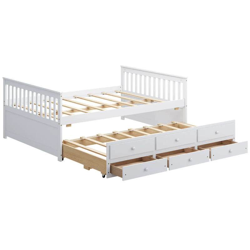 Full Size Wood Daybed Frame with Trundle Bed and 3 Storage Drawers-White by DirectDeals