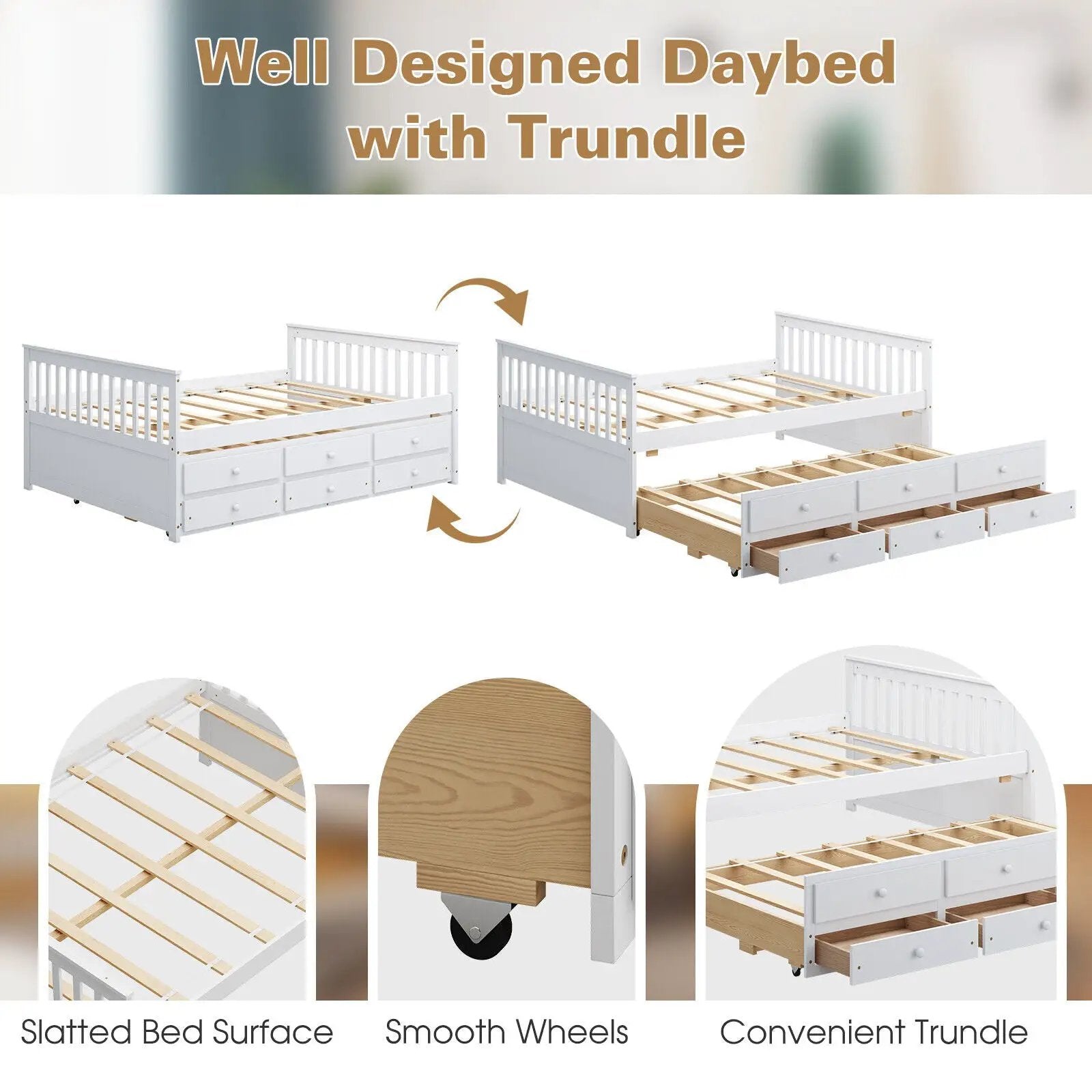 Full Size Wood Daybed Frame with Trundle Bed and 3 Storage Drawers-White by DirectDeals