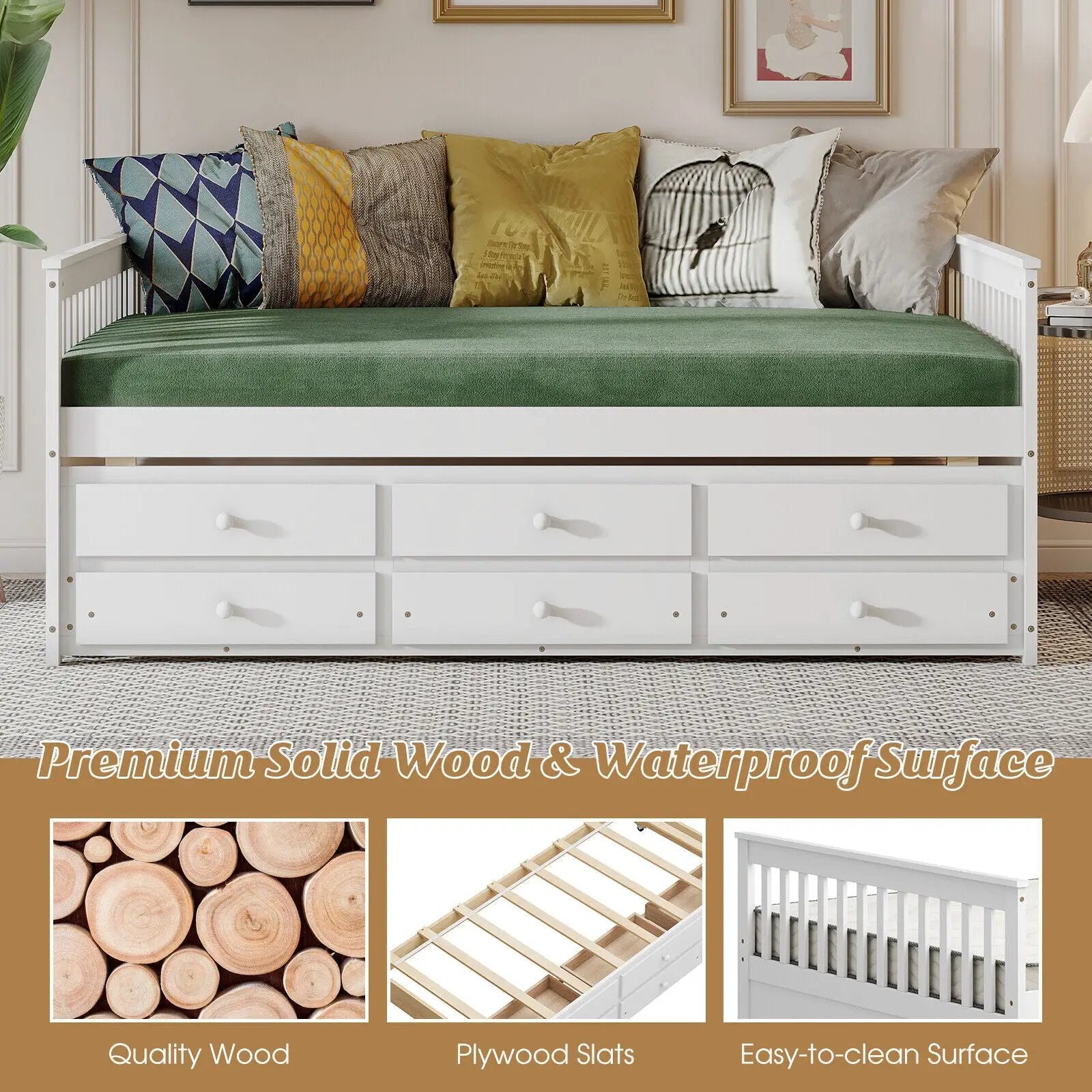 Full Size Wood Daybed Frame with Trundle Bed and 3 Storage Drawers-White by DirectDeals