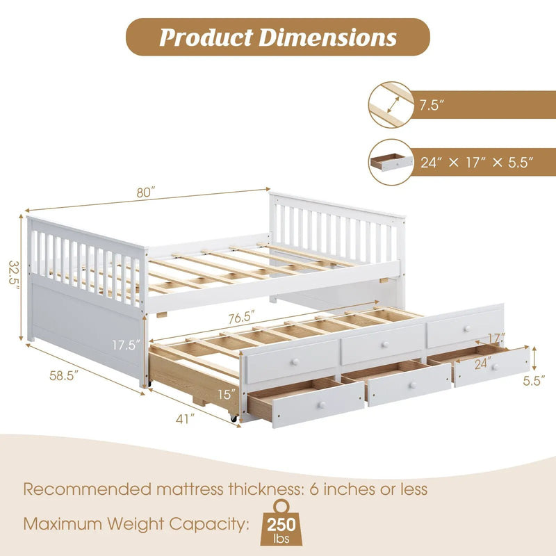 Full Size Wood Daybed Frame with Trundle Bed and 3 Storage Drawers-White by DirectDeals