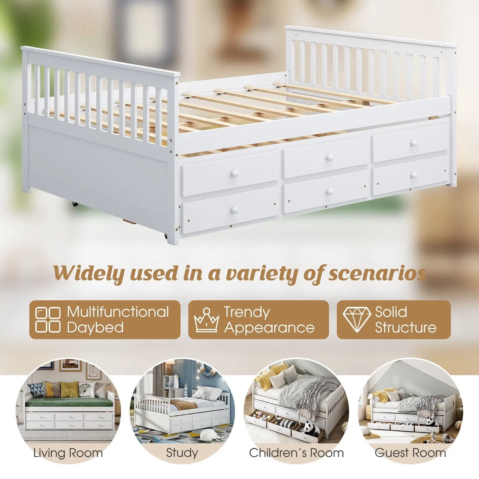 Full Size Wood Daybed Frame with Trundle Bed and 3 Storage Drawers-White by DirectDeals