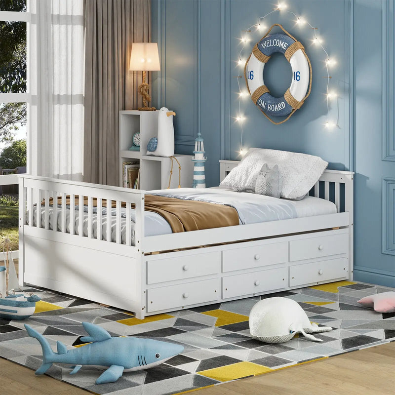 Full Size Wood Daybed Frame with Trundle Bed and 3 Storage Drawers-White by DirectDeals