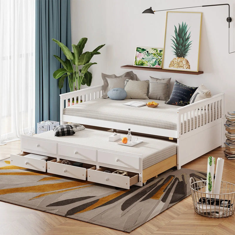 Full Size Wood Daybed Frame with Trundle Bed and 3 Storage Drawers-White by DirectDeals