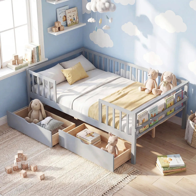 Full Size Daybed with Fence and 2 Drawers for Boys and Girls by DirectDeals