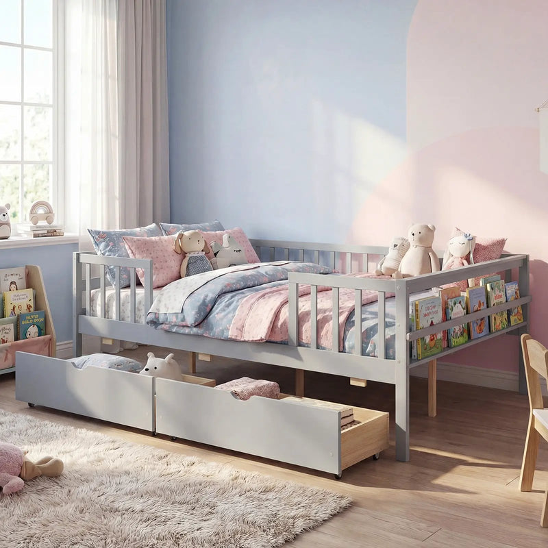 Full Size Daybed with Fence and 2 Drawers for Boys and Girls by DirectDeals