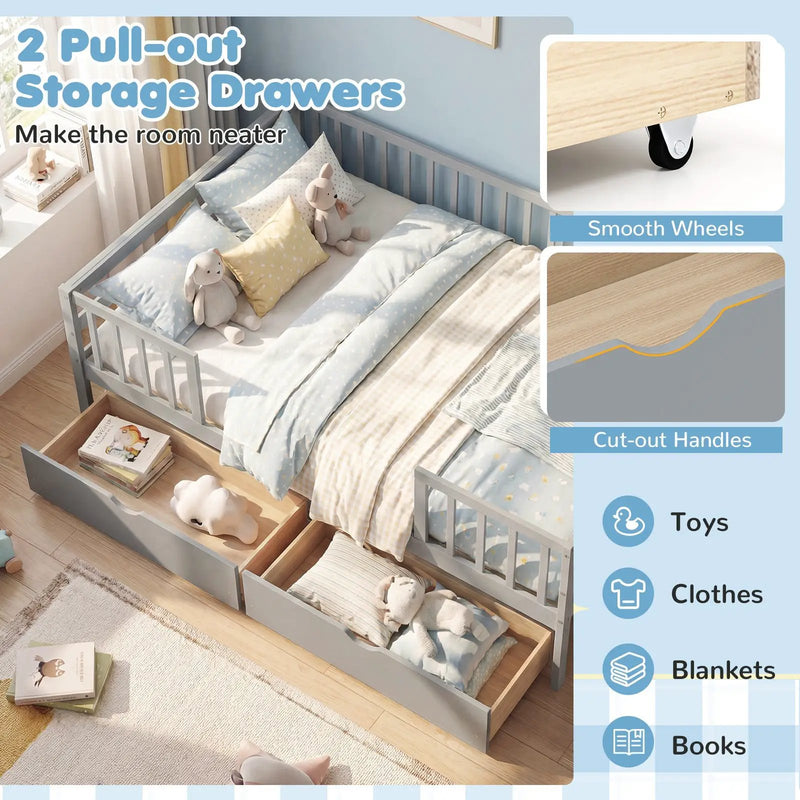 Full Size Daybed with Fence and 2 Drawers for Boys and Girls by DirectDeals