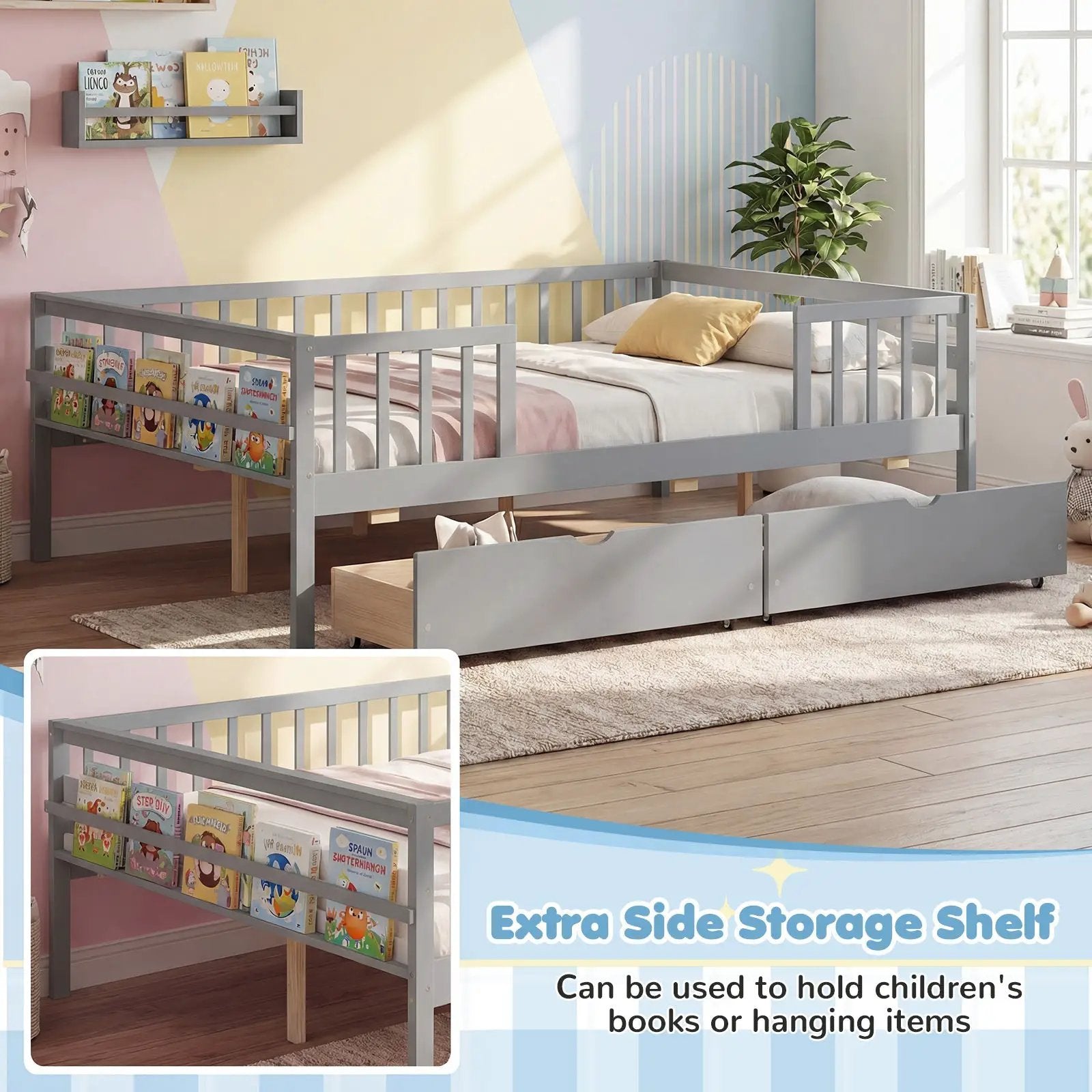 Full Size Daybed with Fence and 2 Drawers for Boys and Girls by DirectDeals